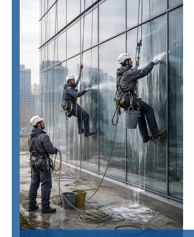 Промышленная мойка панорамных окон на высоте в Волхове