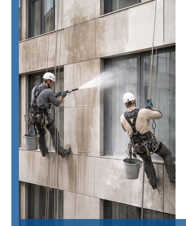 Послестроительная мойка фасада промышленным альпинизмом в Волхове