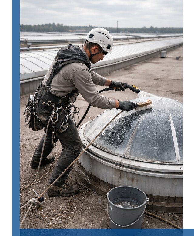 Мойка зенитных фонарей на кровле для промышленных объектов в Волхове