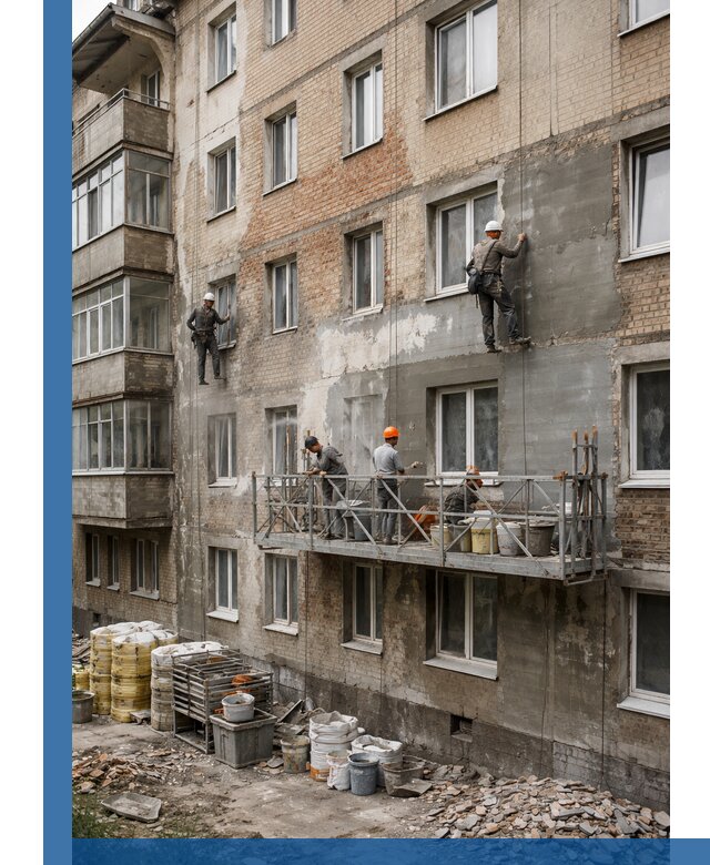 Капитальный ремонт фасада в Волхове с восстановлением и гидроизоляцией