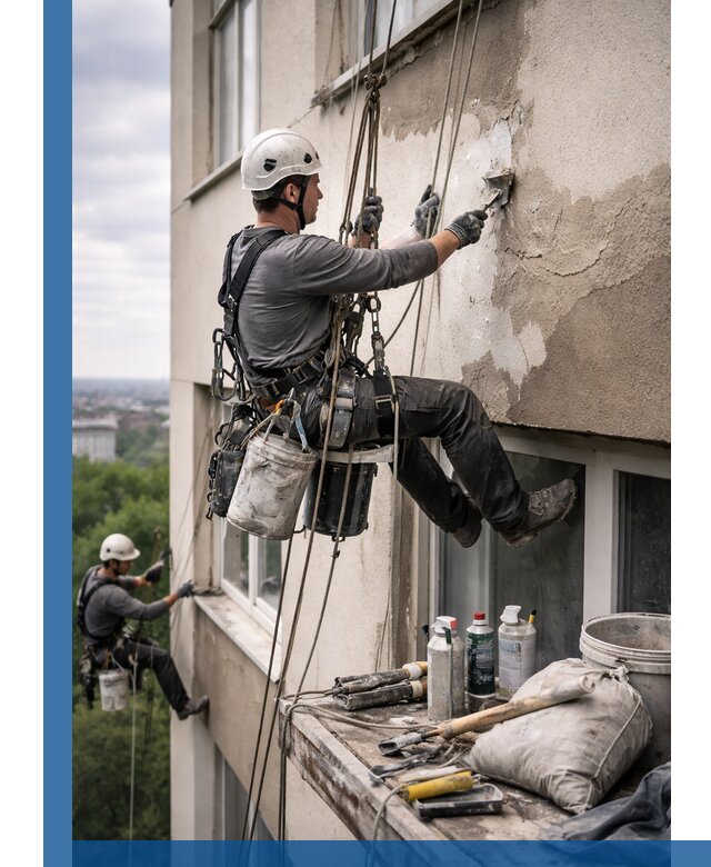 Косметический ремонт фасада зданий в Волхове промышленными альпинистами