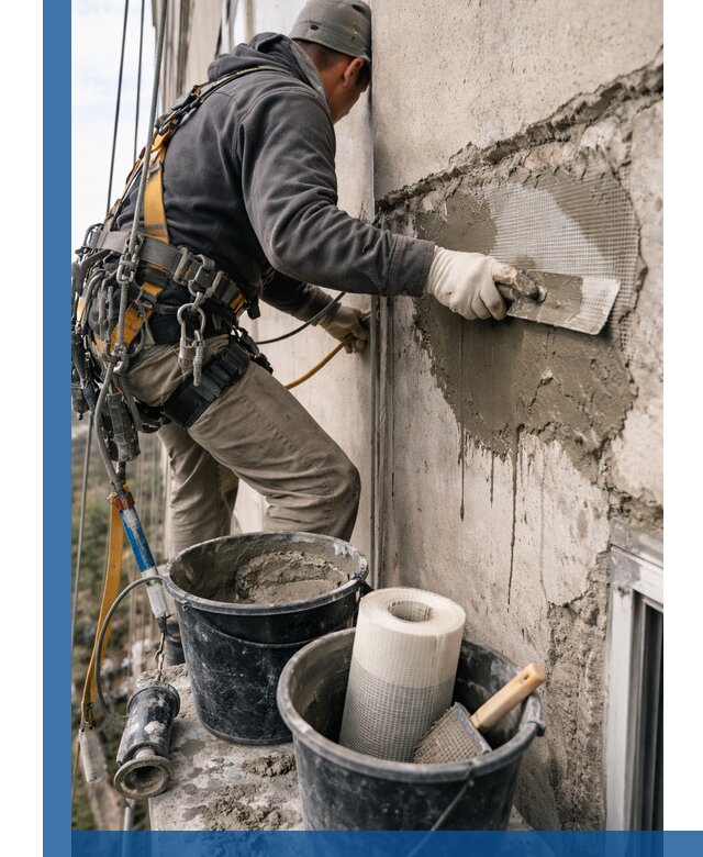 Ремонт бетонных элементов фасада промышленными альпинистами в Волхове