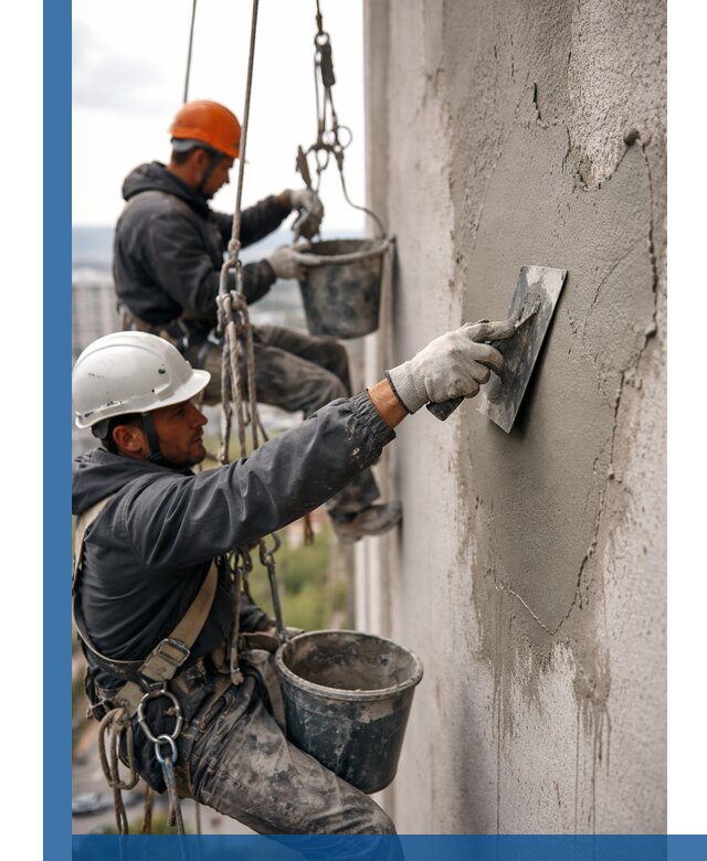 Штукатурка фасада на высоте в Волхове профессиональные работы