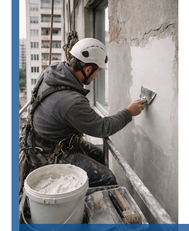 Шпаклевка фасадов на высоте с промальпинистами в Волхове