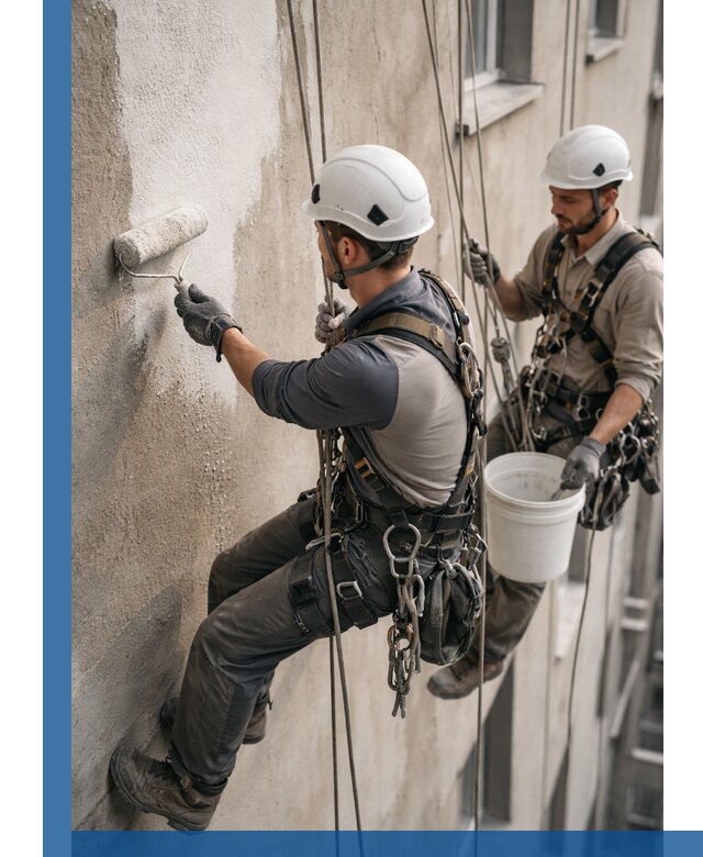 Грунтовка фасада на высоте в Волхове промышленными альпинистами