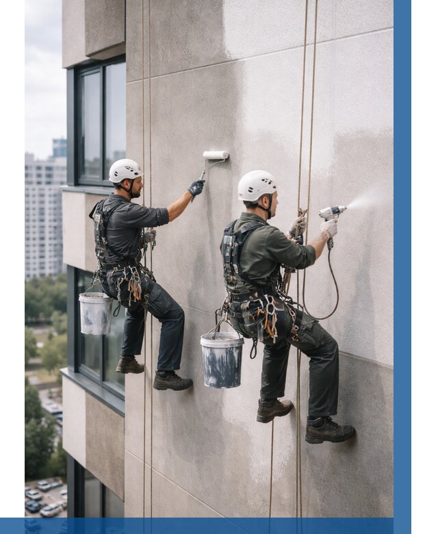 Покраска фасада альпинистами в Волхове от 314 р. | ВЫСОТНИК-Влх