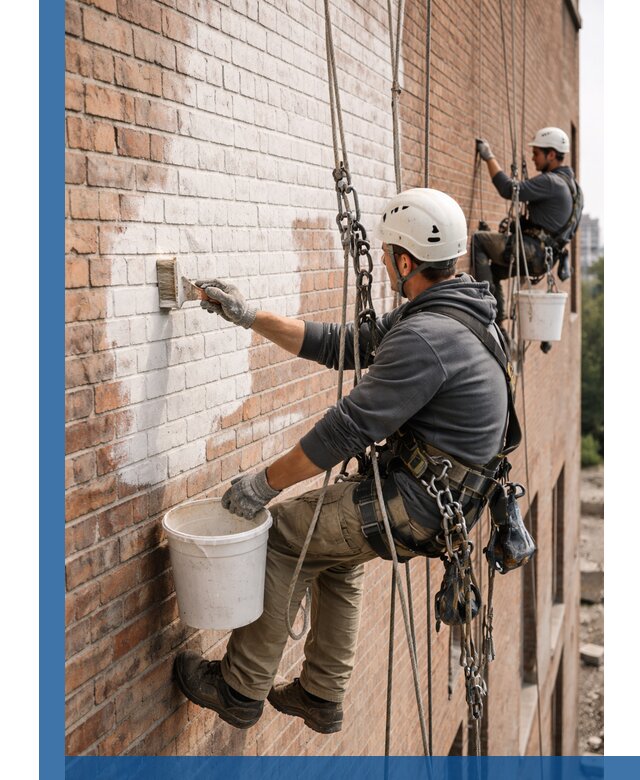 Покраска кирпичного фасада с доступным альпинистским сервисом в Волхове