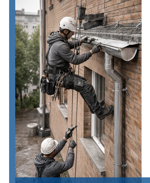 Монтаж водосточной системы на здании в Волхове под ключ