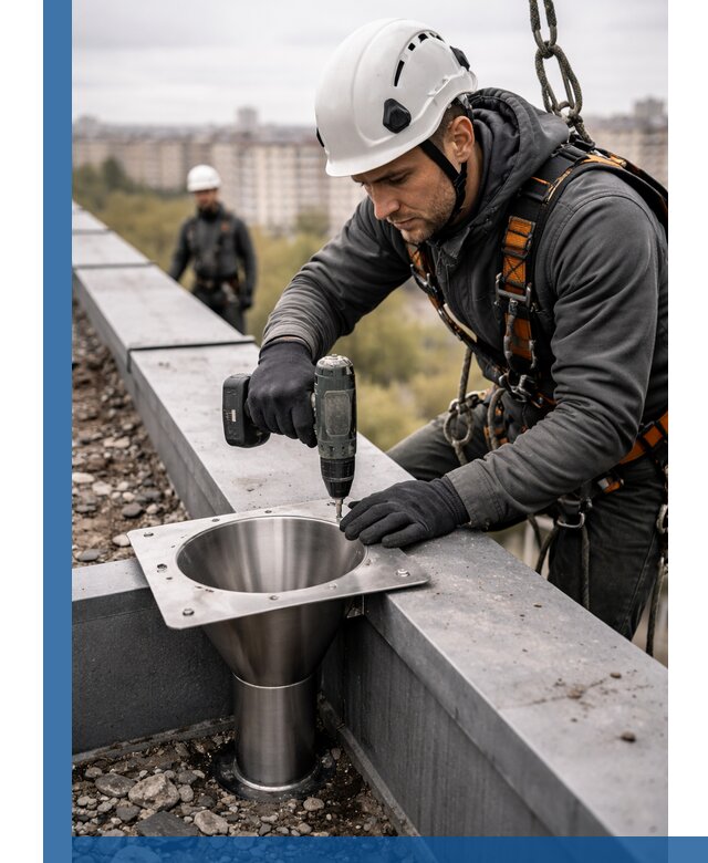 Монтаж водосточных воронок в Волхове для промышленных зданий