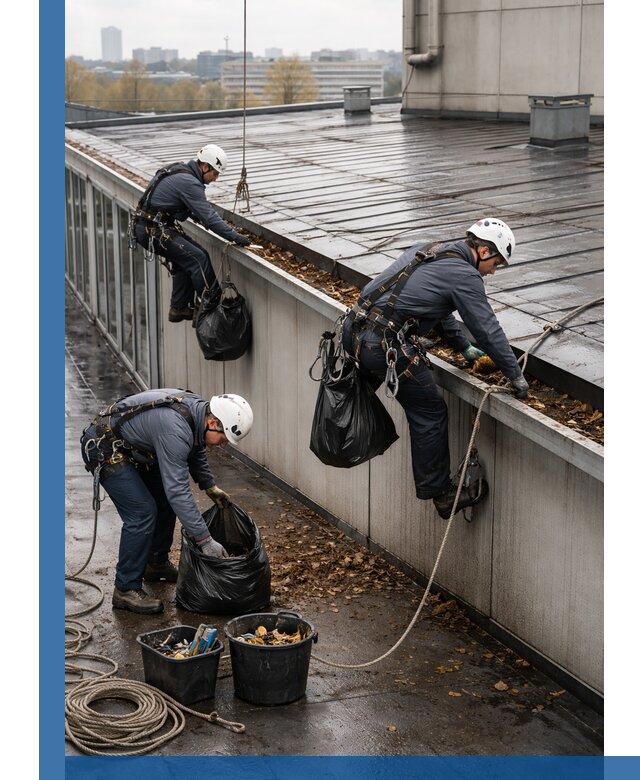 Очистка кровли по периметру в Волхове силами промышленных альпинистов