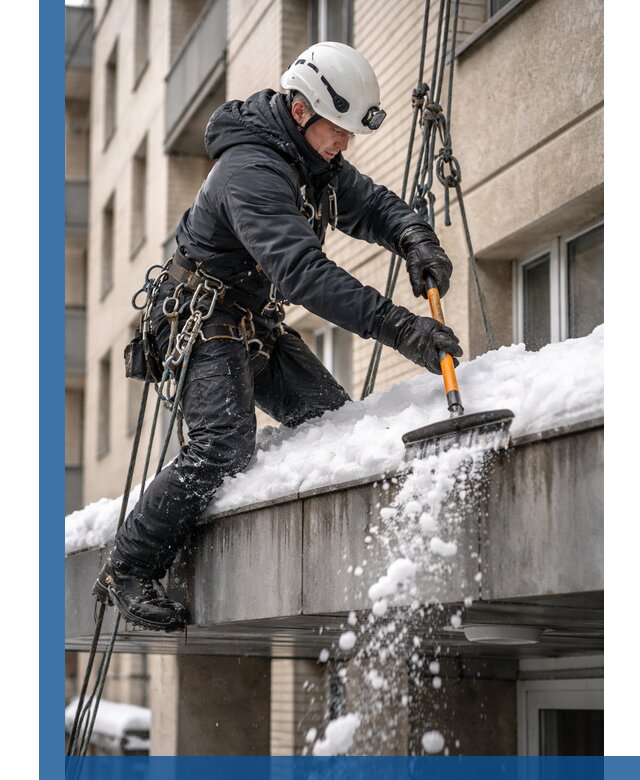 Очистка козырьков от снега в Волхове круглогодично безопасно