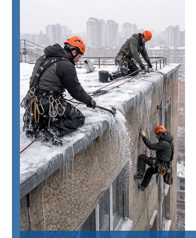 Удаление наледи с кровли в Волхове промышленными альпинистами