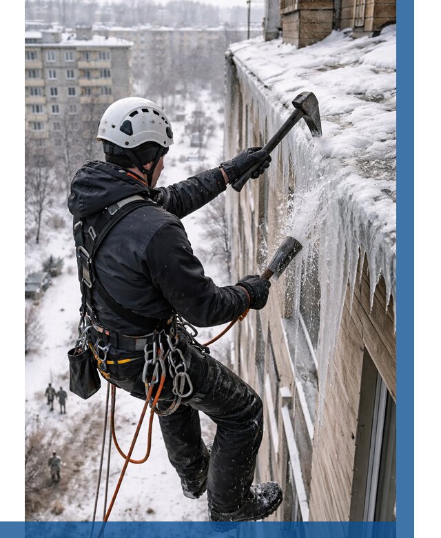 Сбивание сосулек с крыши в Волхове по цене от 4711 р. | ВЫСОТНИК-Влх