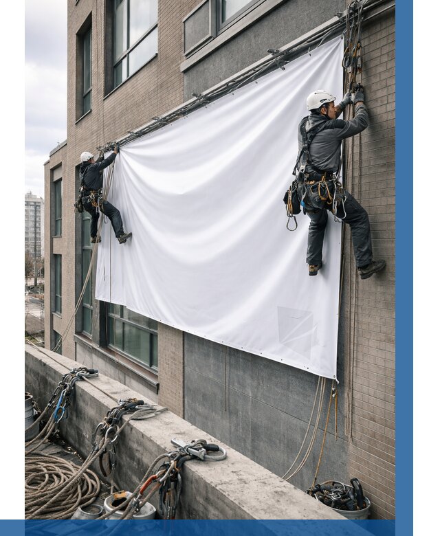 Монтаж баннеров на фасаде в Волхове от 680 р. заказать ВЫСОТНИК-Влх