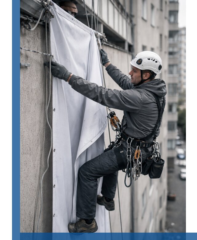 Замена баннерного полотна промышленными альпинистами в Волхове