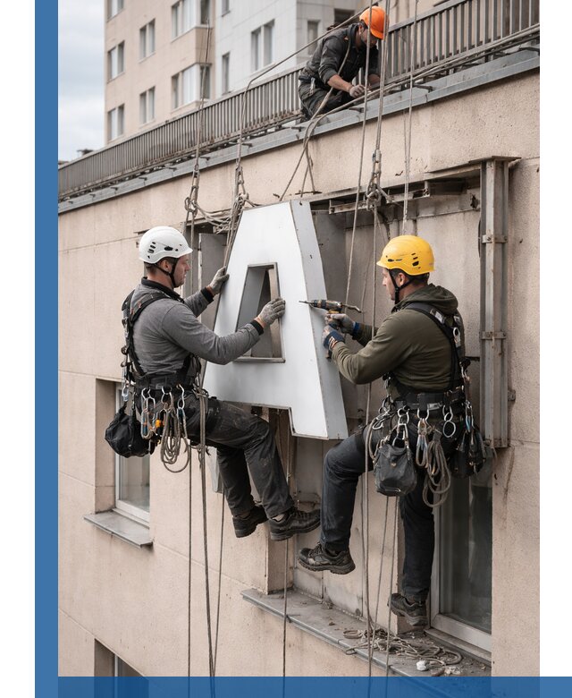 Ремонт и восстановление наружных вывесок на высоте в Волхове
