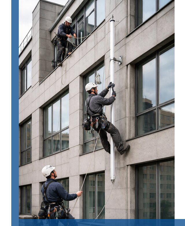 Монтаж флагштока на фасаде здания с креплением и герметикой в Волхове