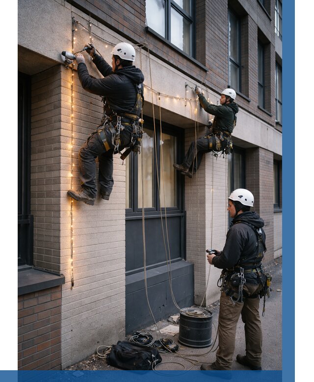 Монтаж гирлянд на фасаде в Волхове от 3664 р. | ВЫСОТНИК-Влх