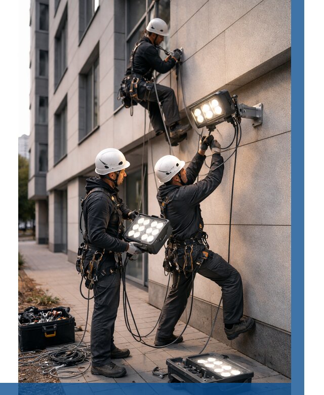 Монтаж прожекторов на фасаде в Волхове от 7851 р. | ВЫСОТНИК-Влх