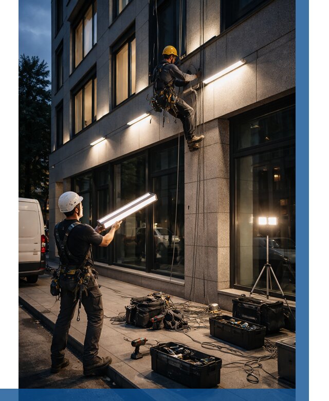 Монтаж архитектурной подсветки здания в Волхове от 2617 р.|ВЫСОТНИК-Влх