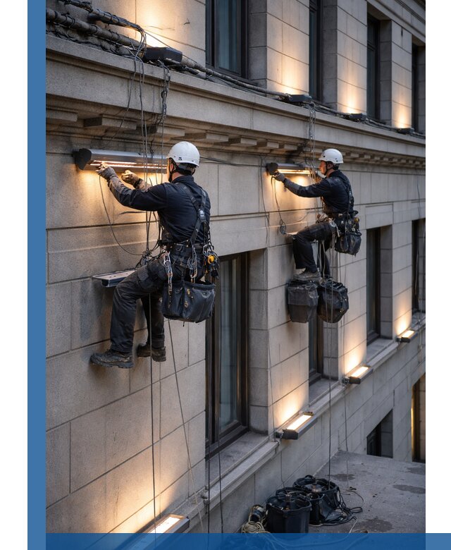 Монтаж архитектурной подсветки фасадов зданий в Волхове