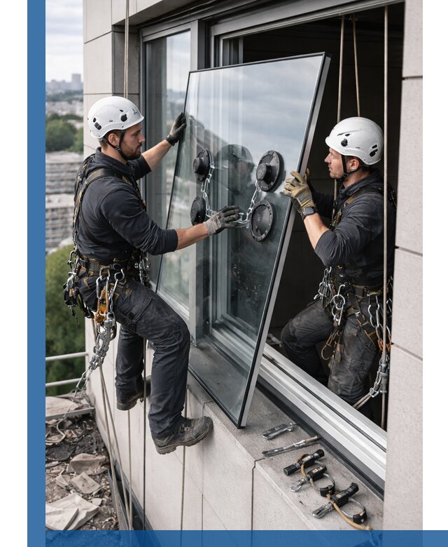 Замена стеклопакетов на высоте с промышленными альпинистами в Волхове