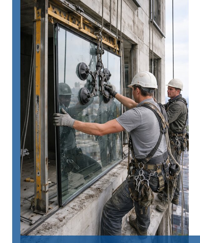 Монтаж стеклопакетов на высоте в Волхове с промышленным альпинизмом