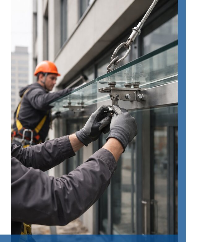 Монтаж стеклянных козырьков в Волхове от 8898 р. | ВЫСОТНИК-Влх