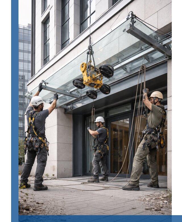 Монтаж стеклянных козырьков под ключ в Волхове для зданий