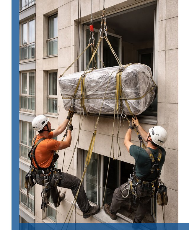 Подъем грузов через окно в Волхове промышленными альпинистами