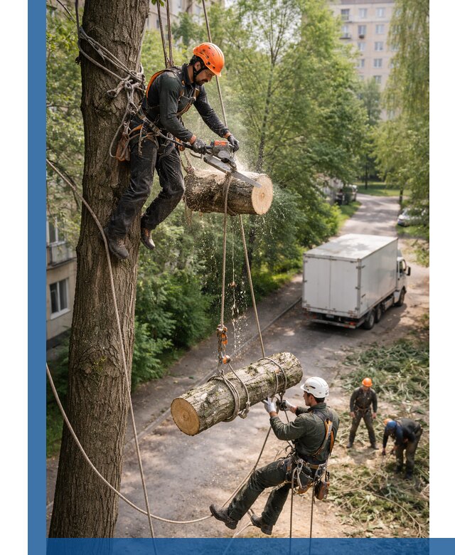 Спил деревьев альпинистами в Волхове, безопасно и без повреждений