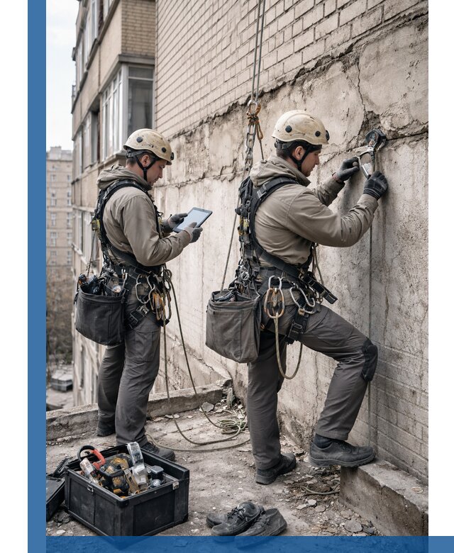 Обследование фасада промышленными альпинистами в Волхове